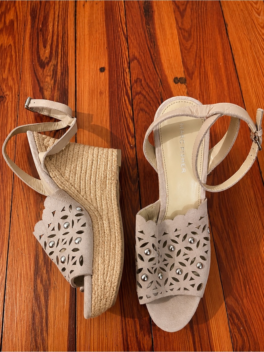 Marc Fisher Taupe Suede Laser-Cut Espadrille Wedge Sandals